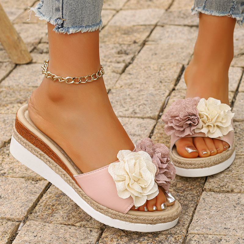 Women's Pink Flower Decor Plat - Wedge Espadrille Women reseña y precio