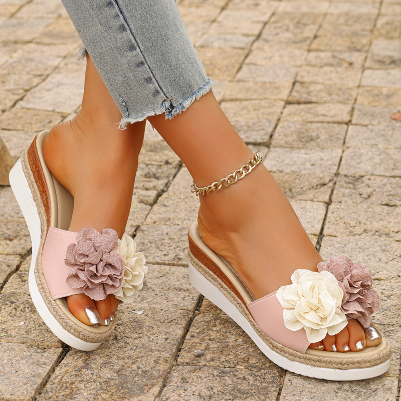 Women's Pink Flower Decor Plat - Wedge Espadrille Women reseña y precio