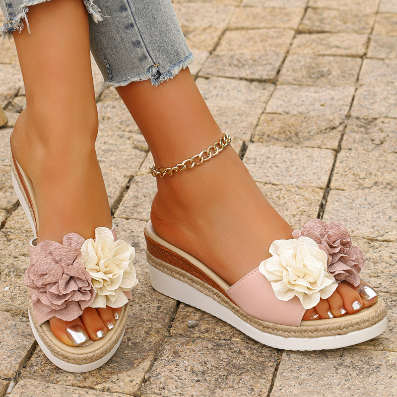 Women's Pink Flower Decor Plat - Wedge Espadrille Women reseña y precio