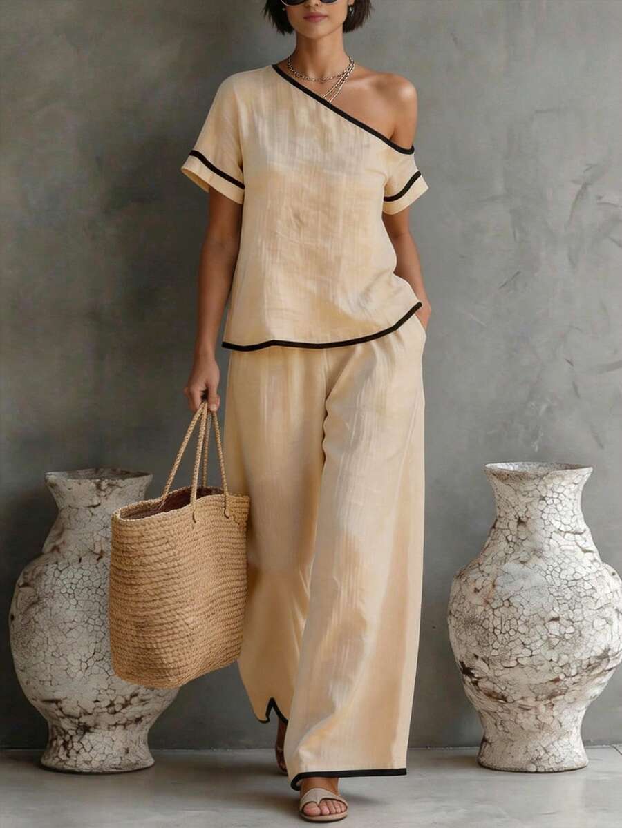 Womens Beige Asymmetric Top An - Linen Pant Wide reseña y precio