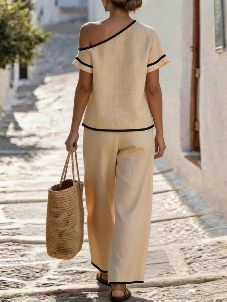 Womens Beige Asymmetric Top An - Linen Pant Wide reseña y precio