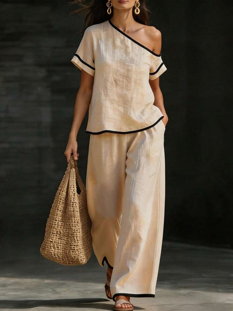 Womens Beige Asymmetric Top An - Linen Pant Wide reseña y precio