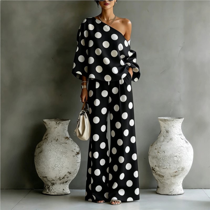 Women's Polka Dot 2 Piece Outf - Blouse Off Shoulder reseña y precio