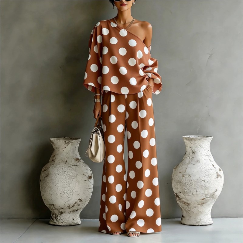 Women's Polka Dot 2 Piece Outf - Blouse Off Shoulder reseña y precio
