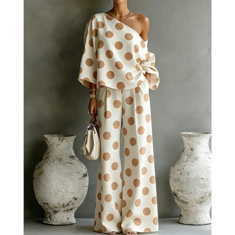 Women's Polka Dot 2 Piece Outf - Blouse Off Shoulder reseña y precio