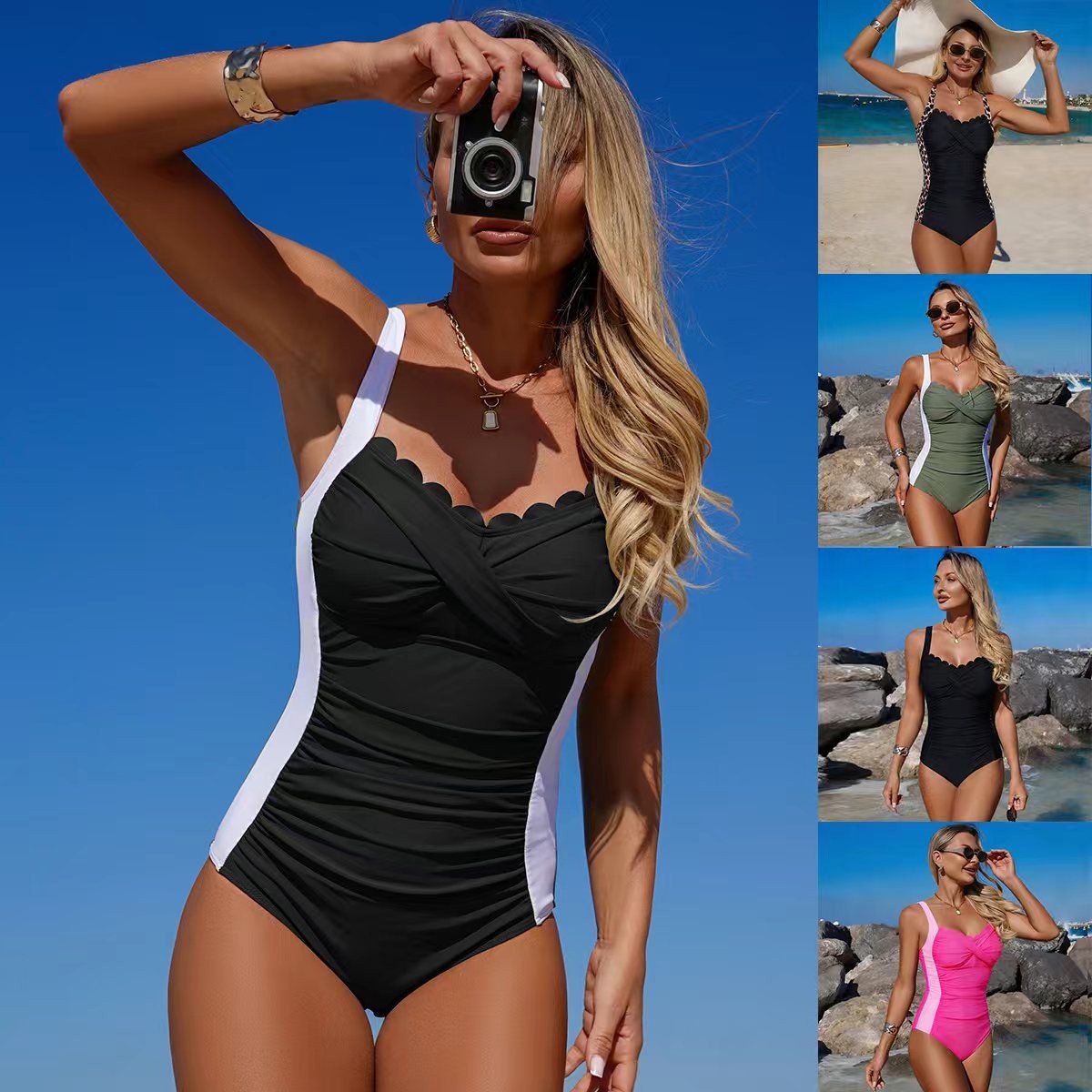 Black Swimsuit Scalloped Neckl - Swimsuit Bikini Ruched reseña y precio
