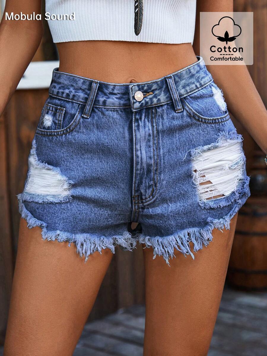 Ripped Denim Shorts High Waist - Shorts Denim Frayed reseña y precio