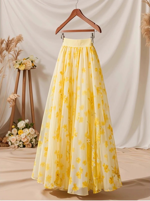 Summer 2026 High Waist Yellow  - Midi Skirt Floral reseña y precio