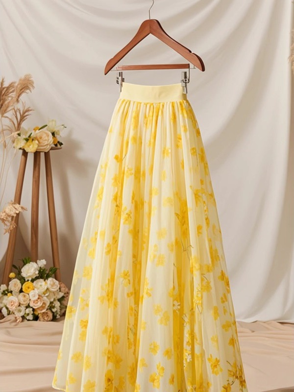 Summer 2026 High Waist Yellow  - Midi Skirt Floral reseña y precio