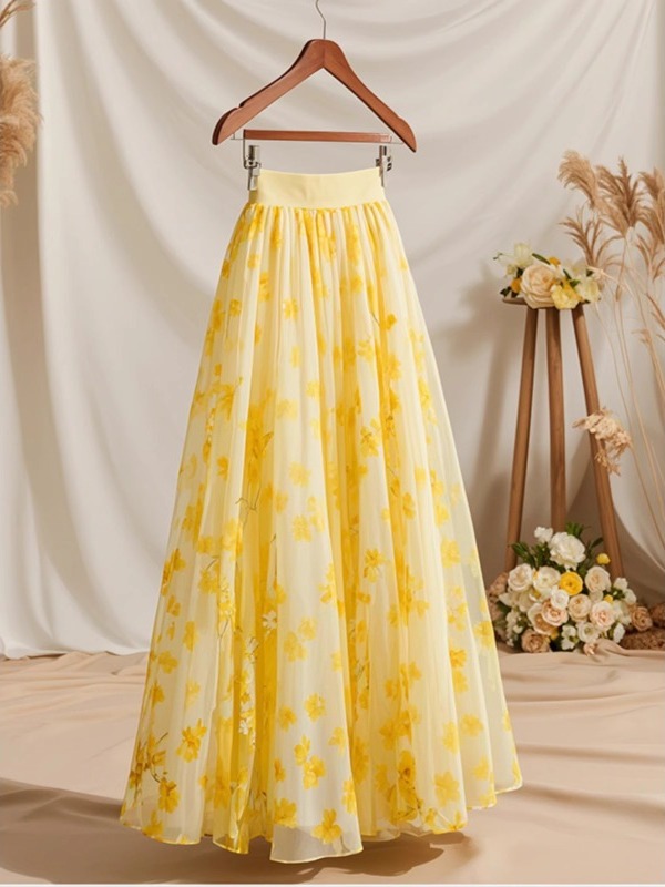 Summer 2026 High Waist Yellow  - Midi Skirt Floral reseña y precio