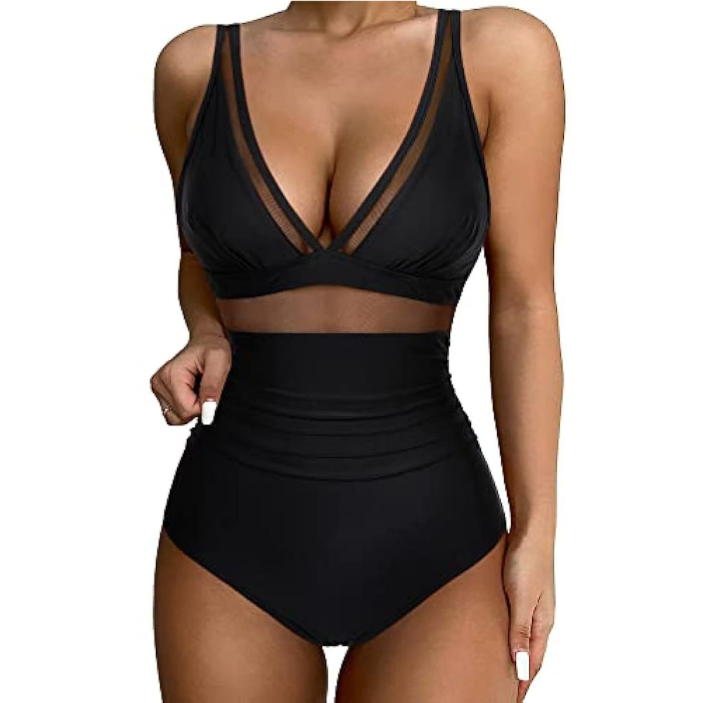 Women Deep V Mesh Cutout One P - Swimsuit Bikini Ruched reseña y precio
