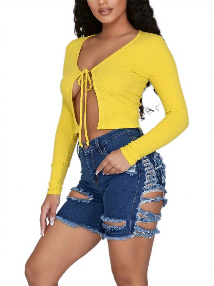 Women High Waist Ripped Denim  - Shorts Denim Frayed reseña y precio