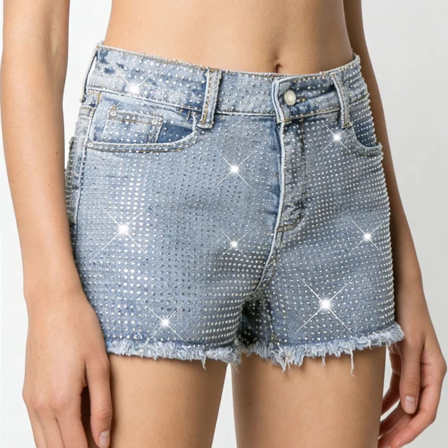 2026 New Full-Bejeweled Elasti - Shorts Denim Frayed reseña y precio