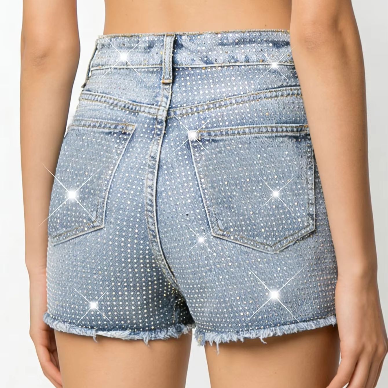 2026 New Full-Bejeweled Elasti - Shorts Denim Frayed reseña y precio