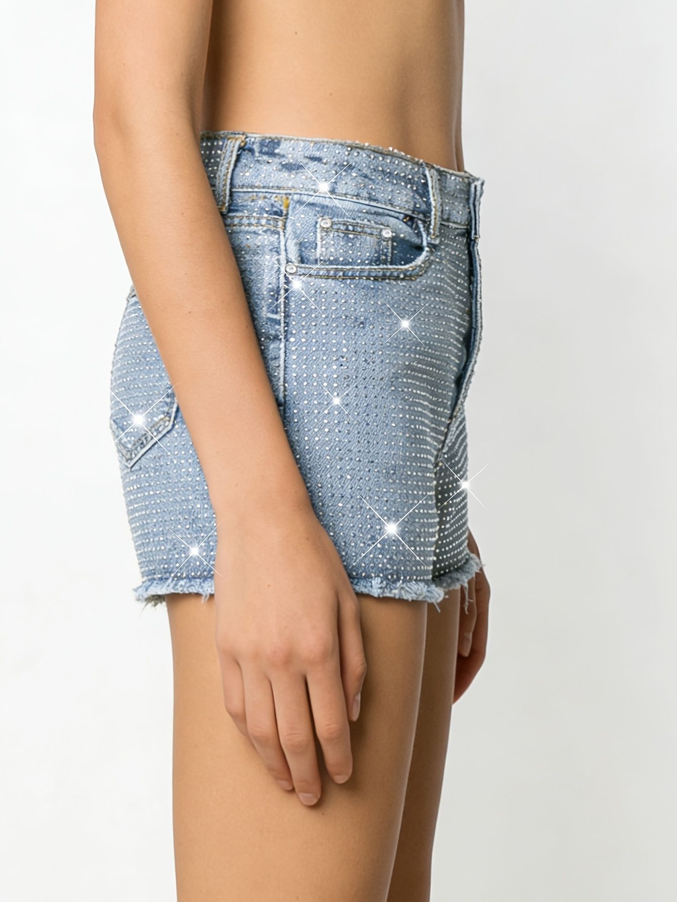 2026 New Full-Bejeweled Elasti - Shorts Denim Frayed reseña y precio