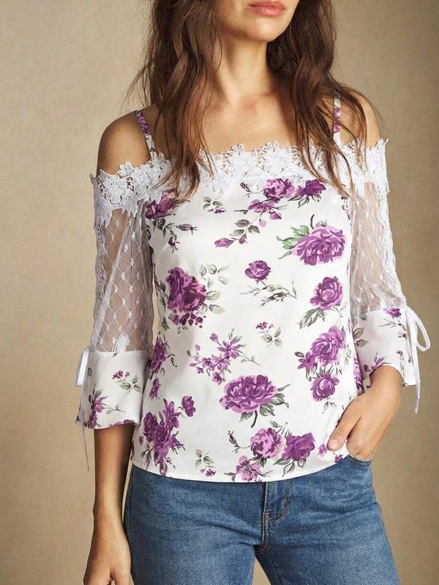 Purple Floral Print Off Should - Blouse Off Shoulder reseña y precio