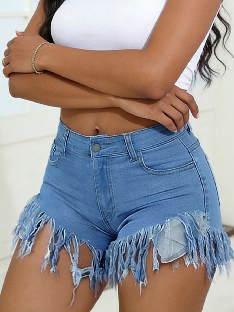 Distressed Frayed Hem Denim Sh - Shorts Denim Frayed reseña y precio