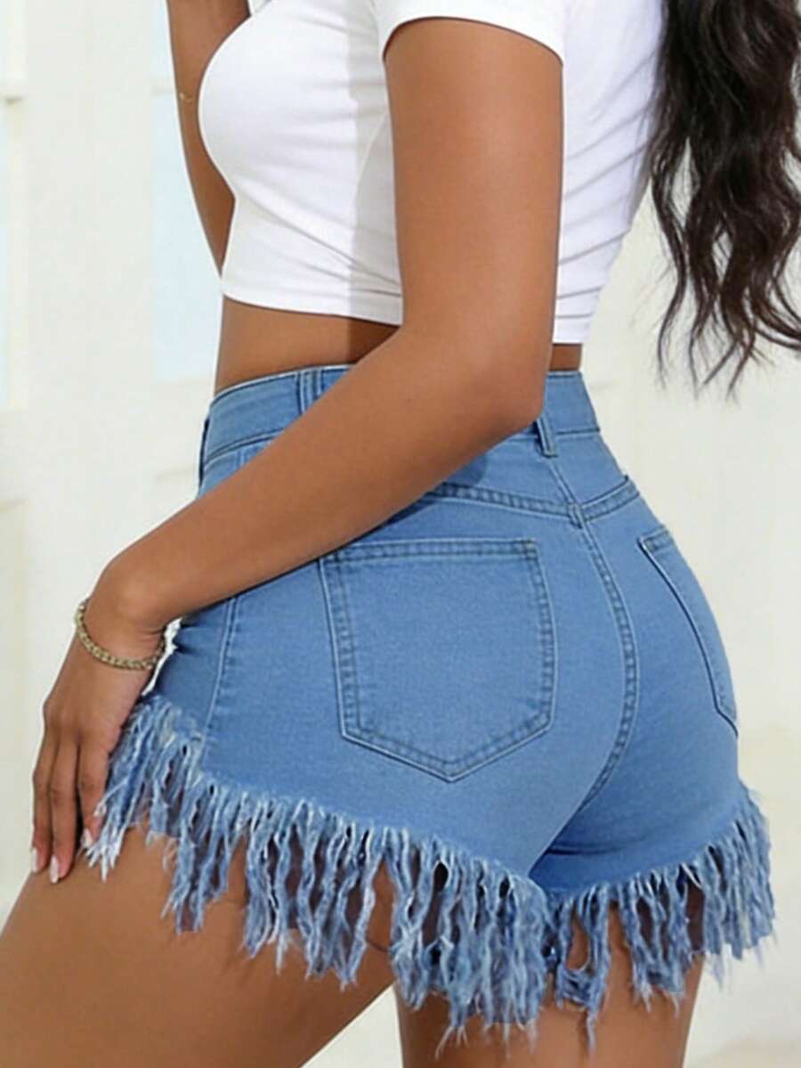 Distressed Frayed Hem Denim Sh - Shorts Denim Frayed reseña y precio