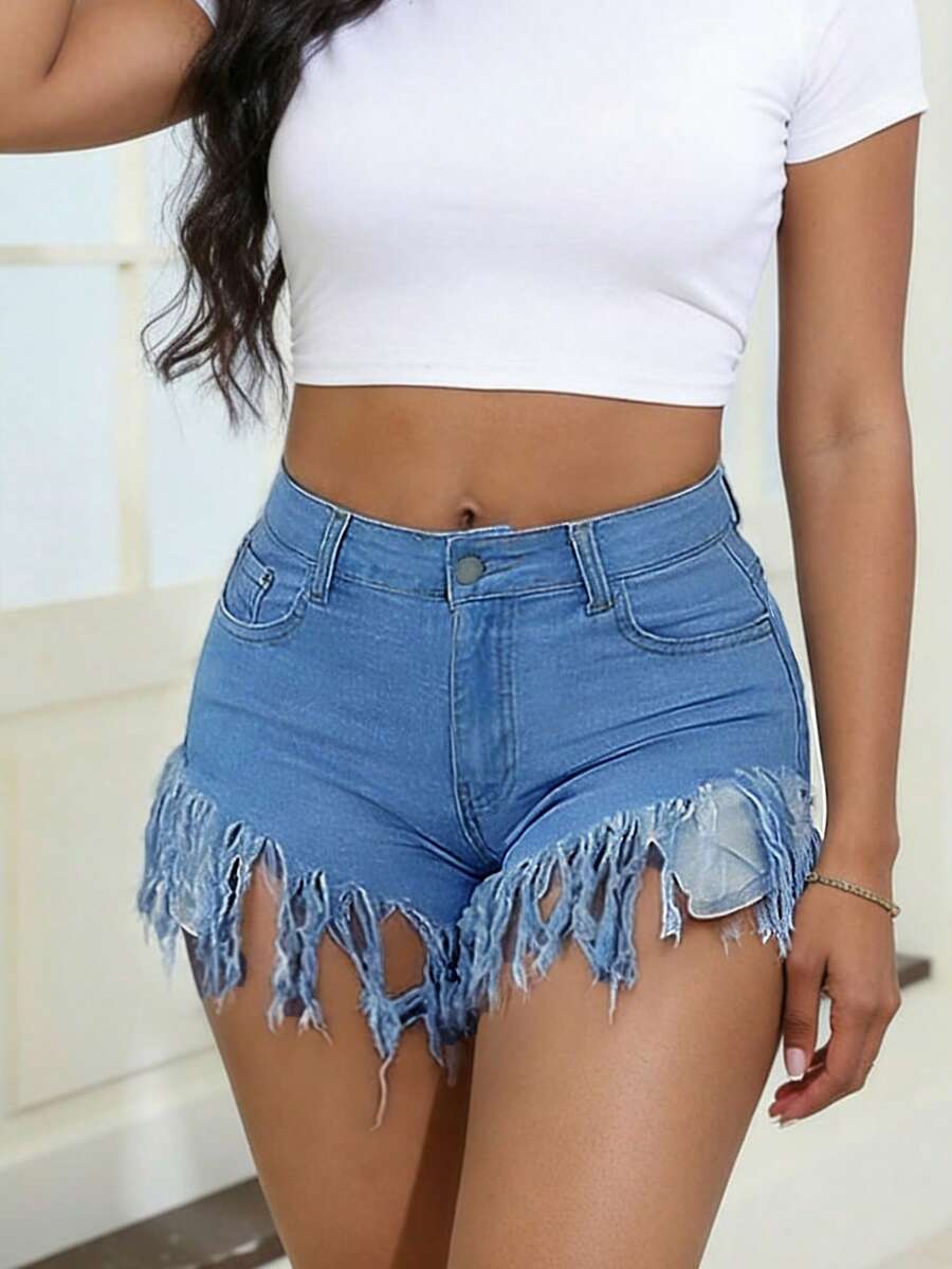 Distressed Frayed Hem Denim Sh - Shorts Denim Frayed reseña y precio