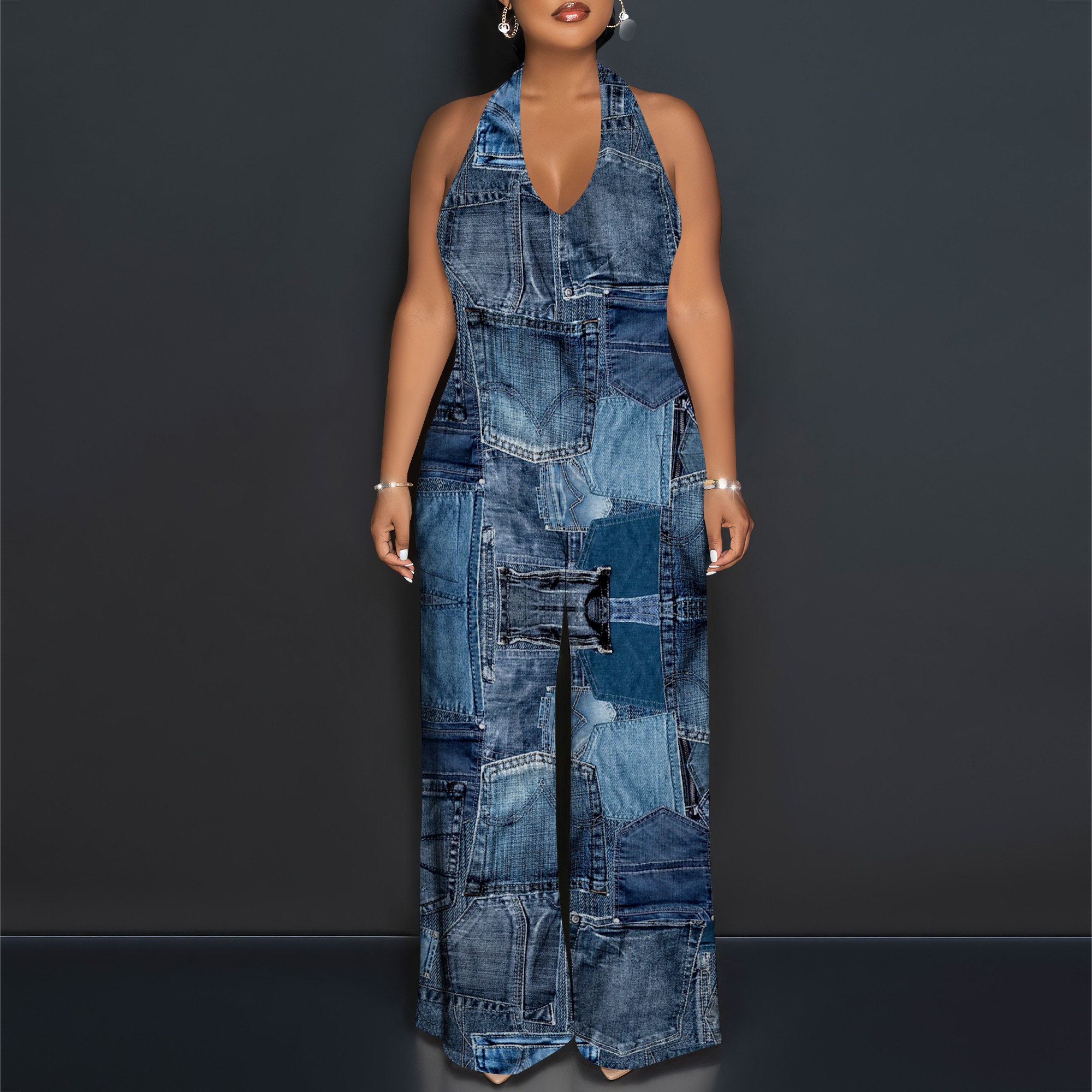 Denim Patchwork Halter V-Neck  - Maxi Dress Halter reseña y precio