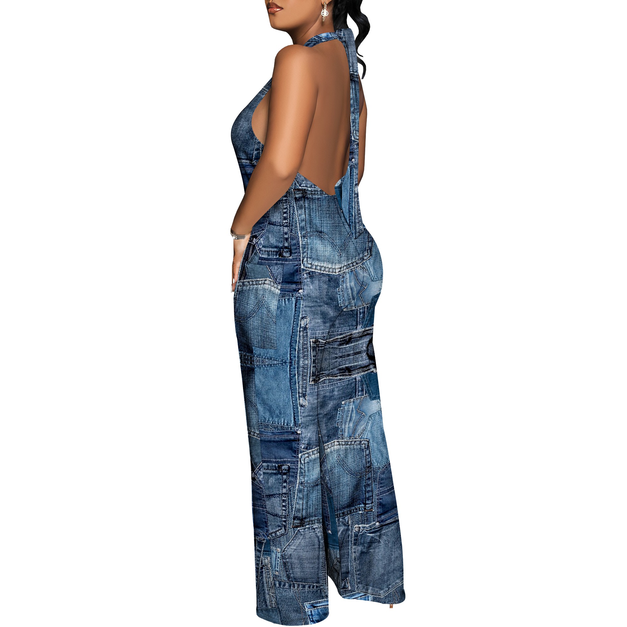 Denim Patchwork Halter V-Neck  - Maxi Dress Halter reseña y precio