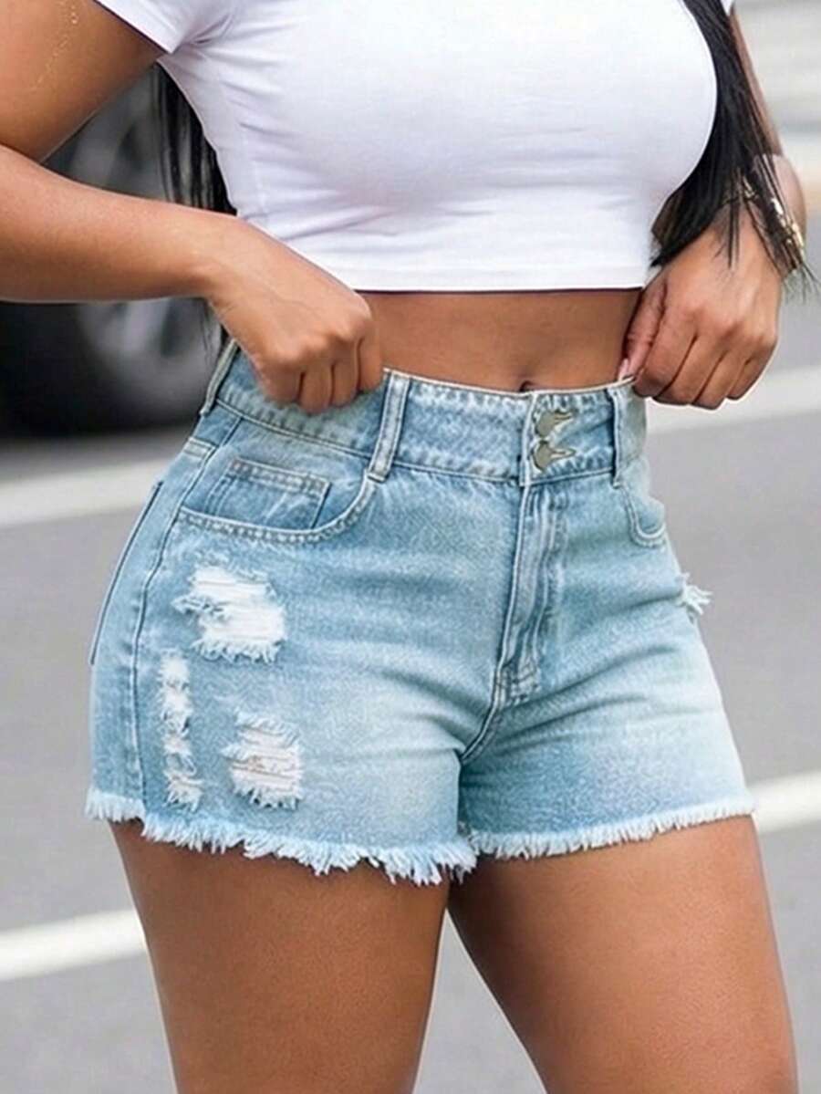 Women High Waist Denim Shorts  - Shorts Denim Frayed reseña y precio