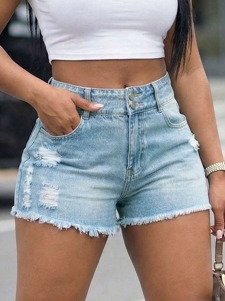 Women High Waist Denim Shorts  - Shorts Denim Frayed reseña y precio