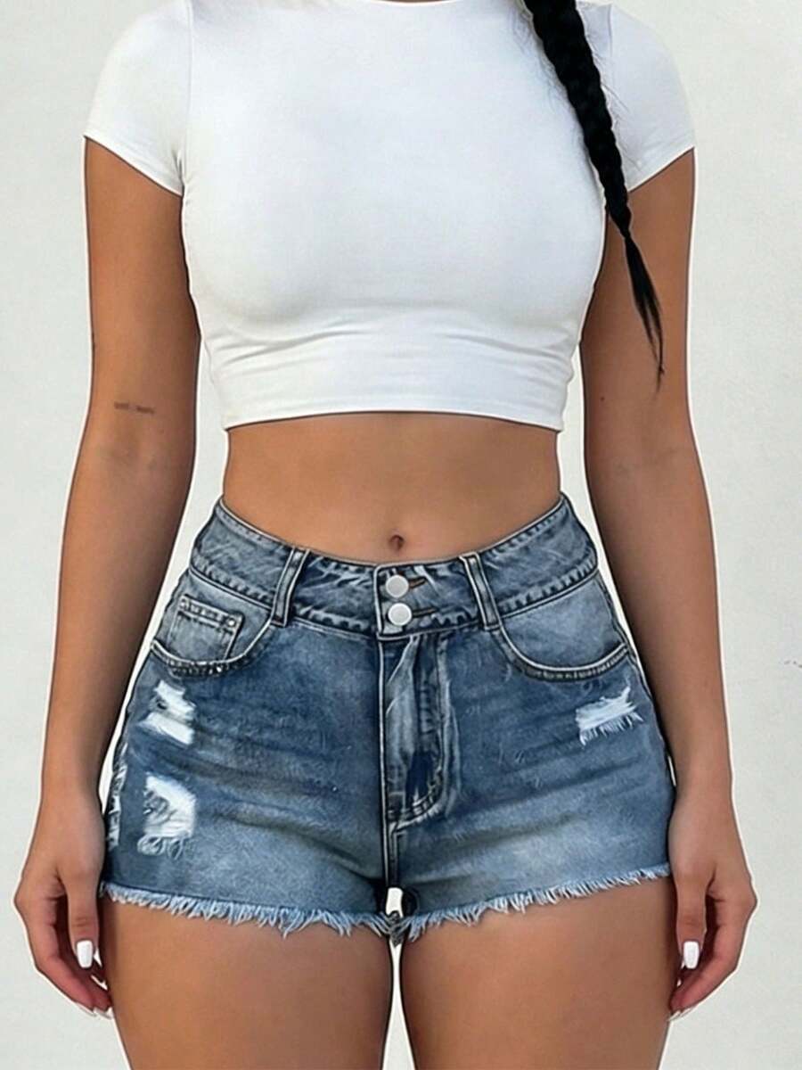 Mid-Rise Womens Denim Shorts W - Shorts Denim Frayed reseña y precio