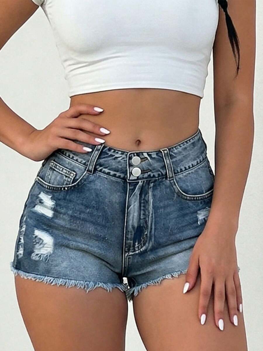Mid-Rise Womens Denim Shorts W - Shorts Denim Frayed reseña y precio